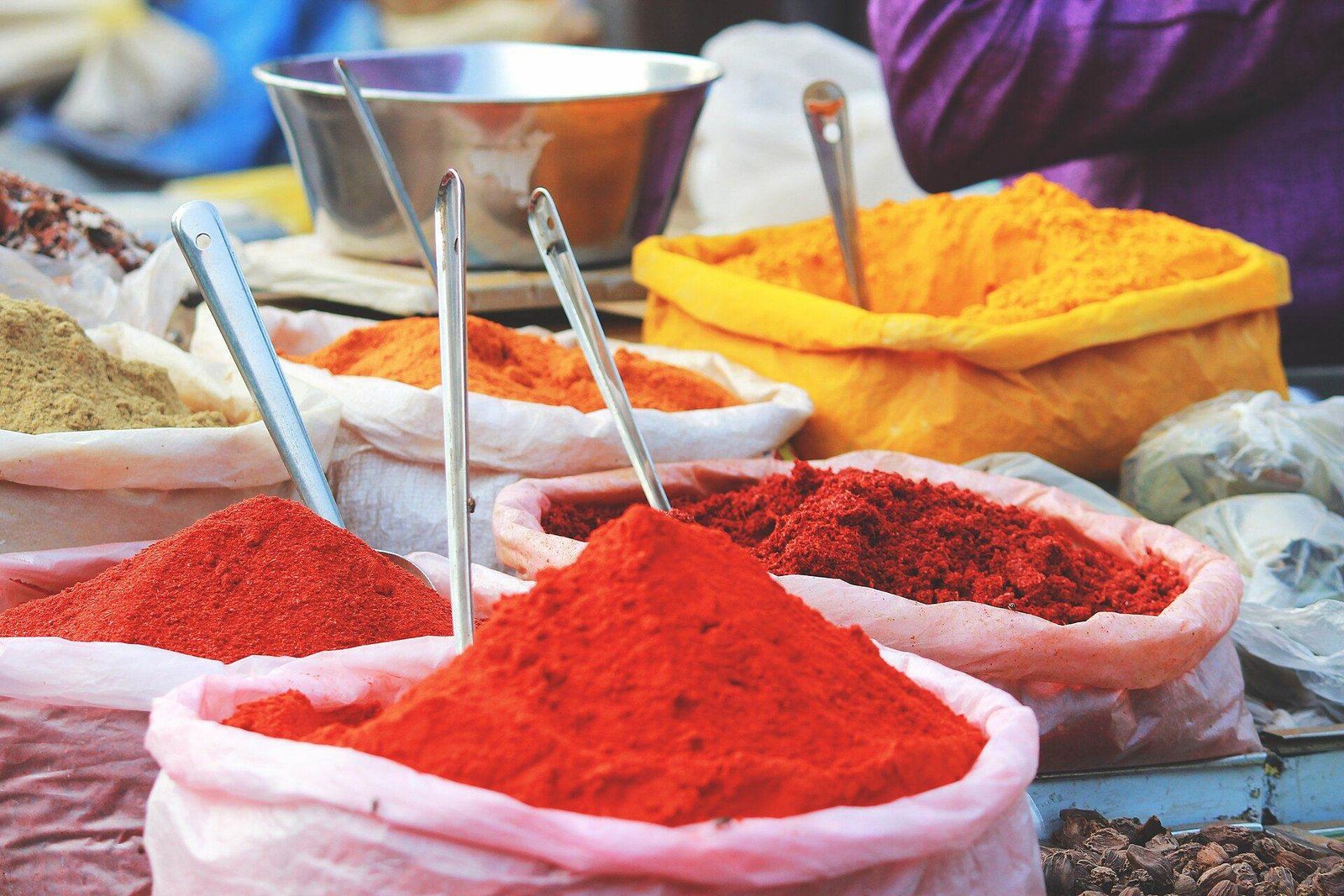 Colourful ground spices at a market